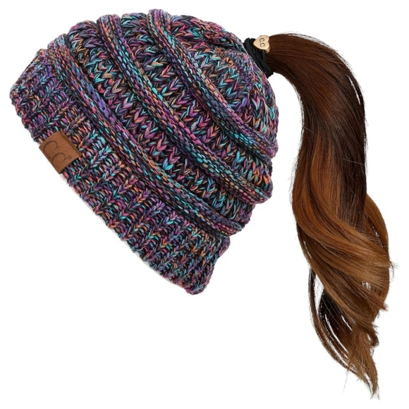 C.C BeanieTail Soft Stretch Cable Knit Messy Bun Ponytail Beanie Hat - Picture 1 of 8